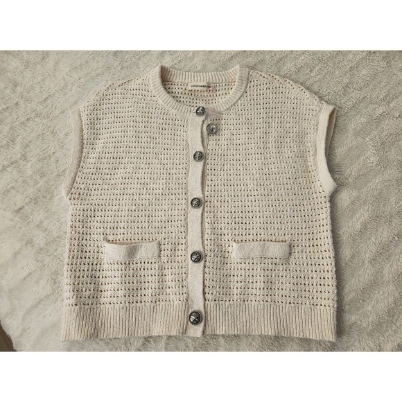 Lucky Brand Short Sleeve Knit Cardigan Cream Color Womens Medium Button Front - Picture 2 of 8